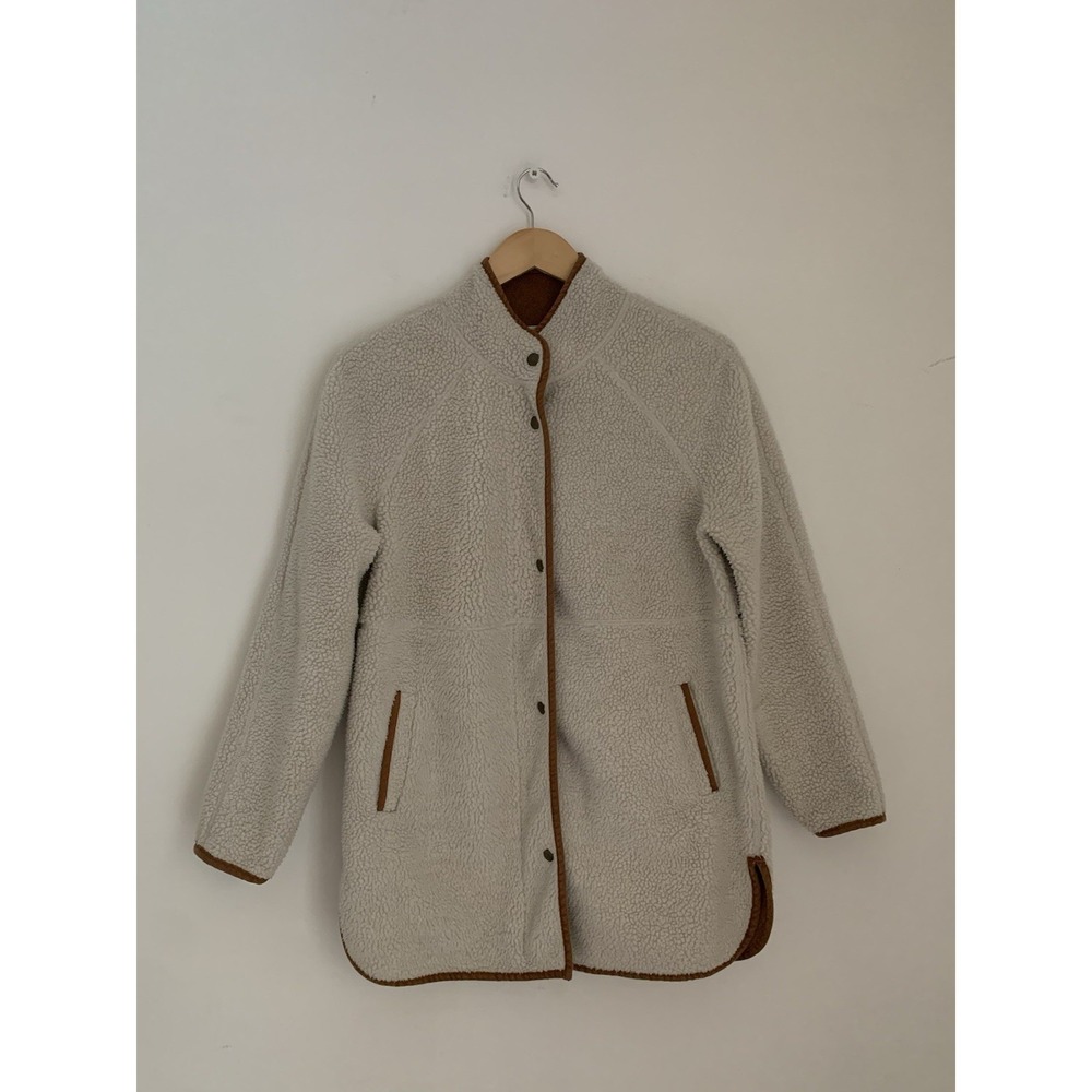 Old Navy Women Jacket Coat Sherpa Faux Suede Sz XS Oversized Ivory Tan Snaps